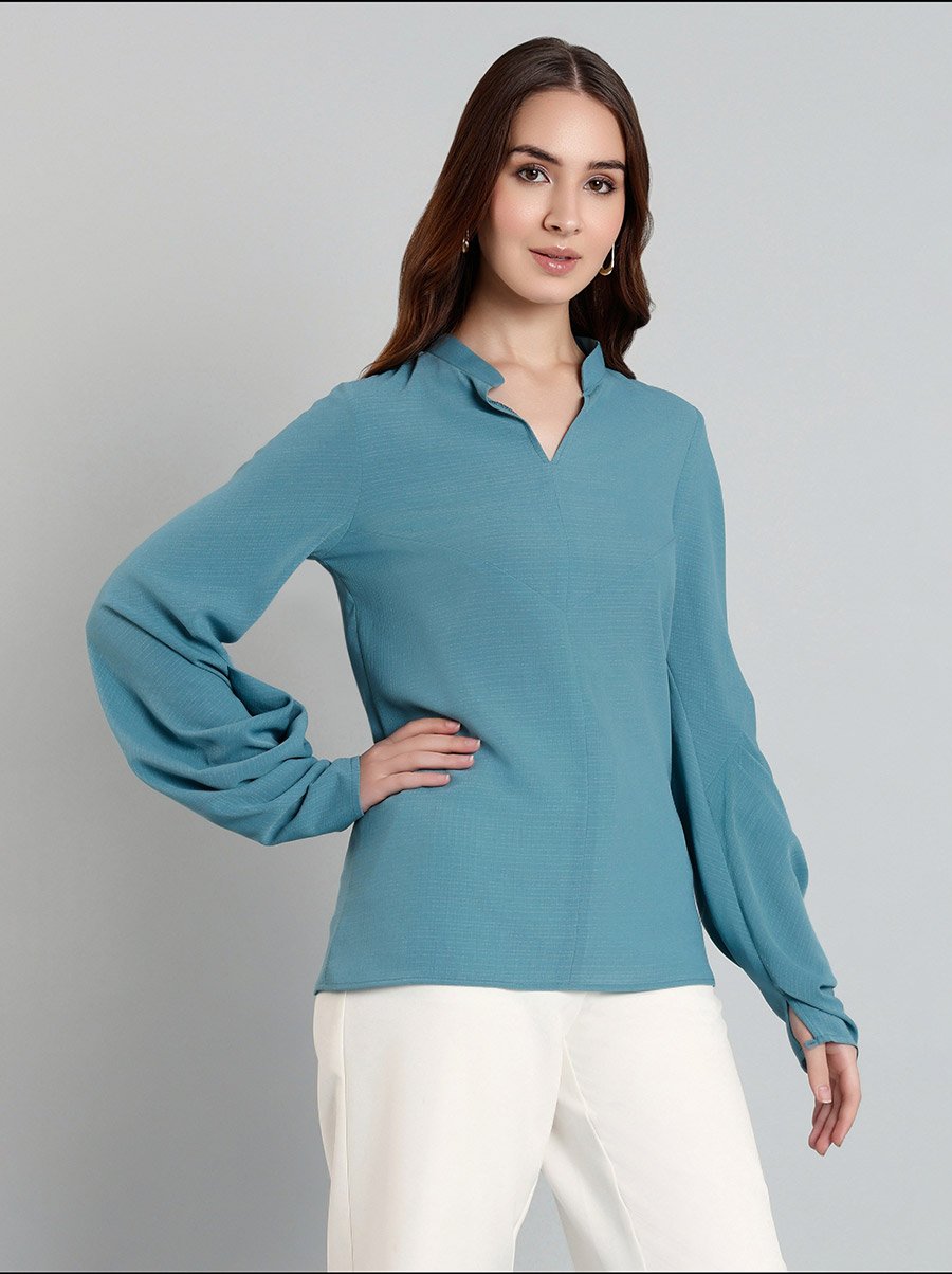 Solid Balloon Sleeve Mandarin Collar Blouse