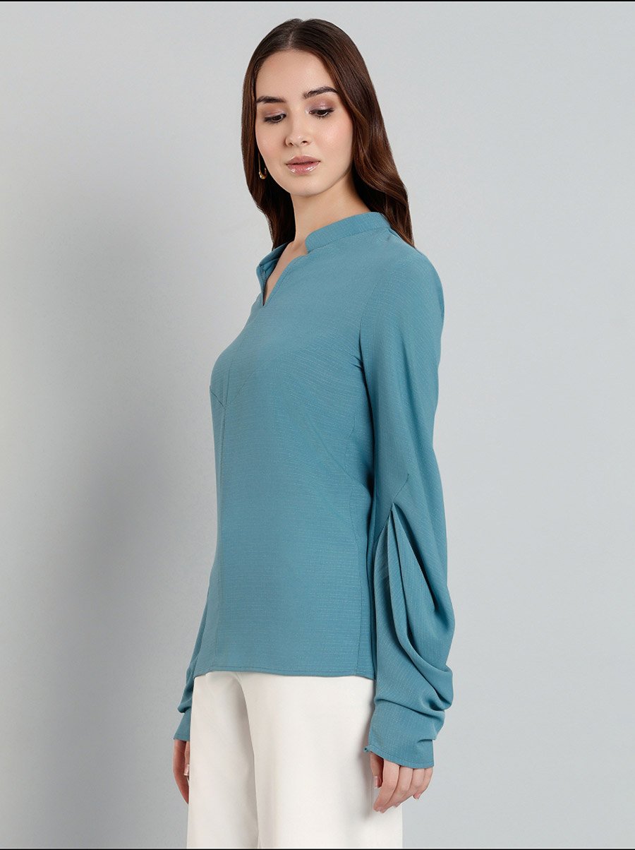 Solid Balloon Sleeve Mandarin Collar Blouse