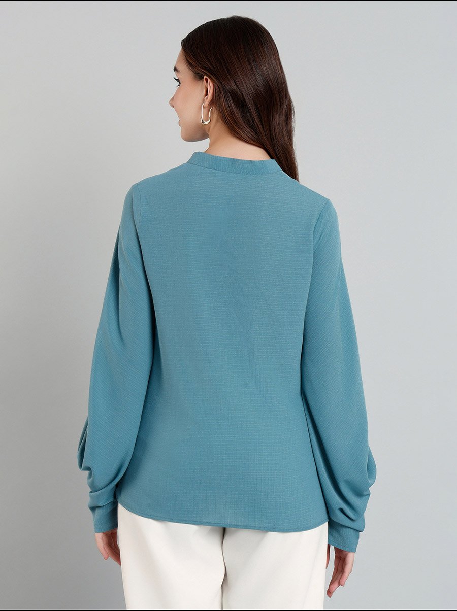 Solid Balloon Sleeve Mandarin Collar Blouse