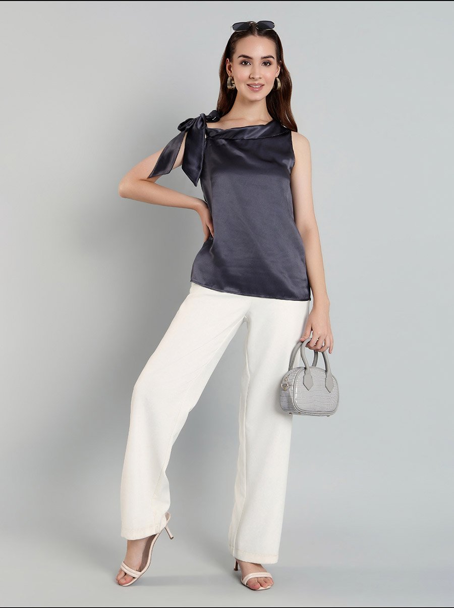 Solid Satin Top with Tie Up Detail