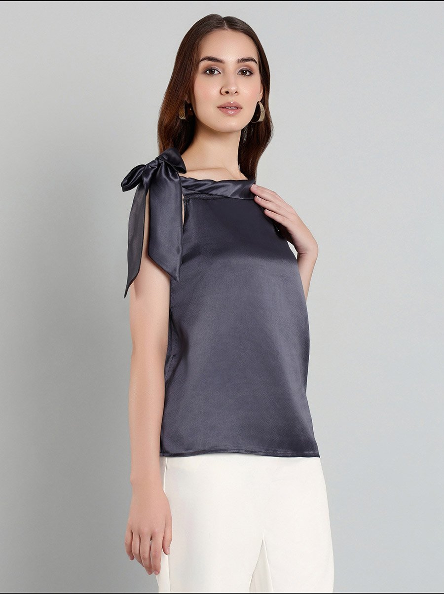 Solid Satin Top with Tie Up Detail