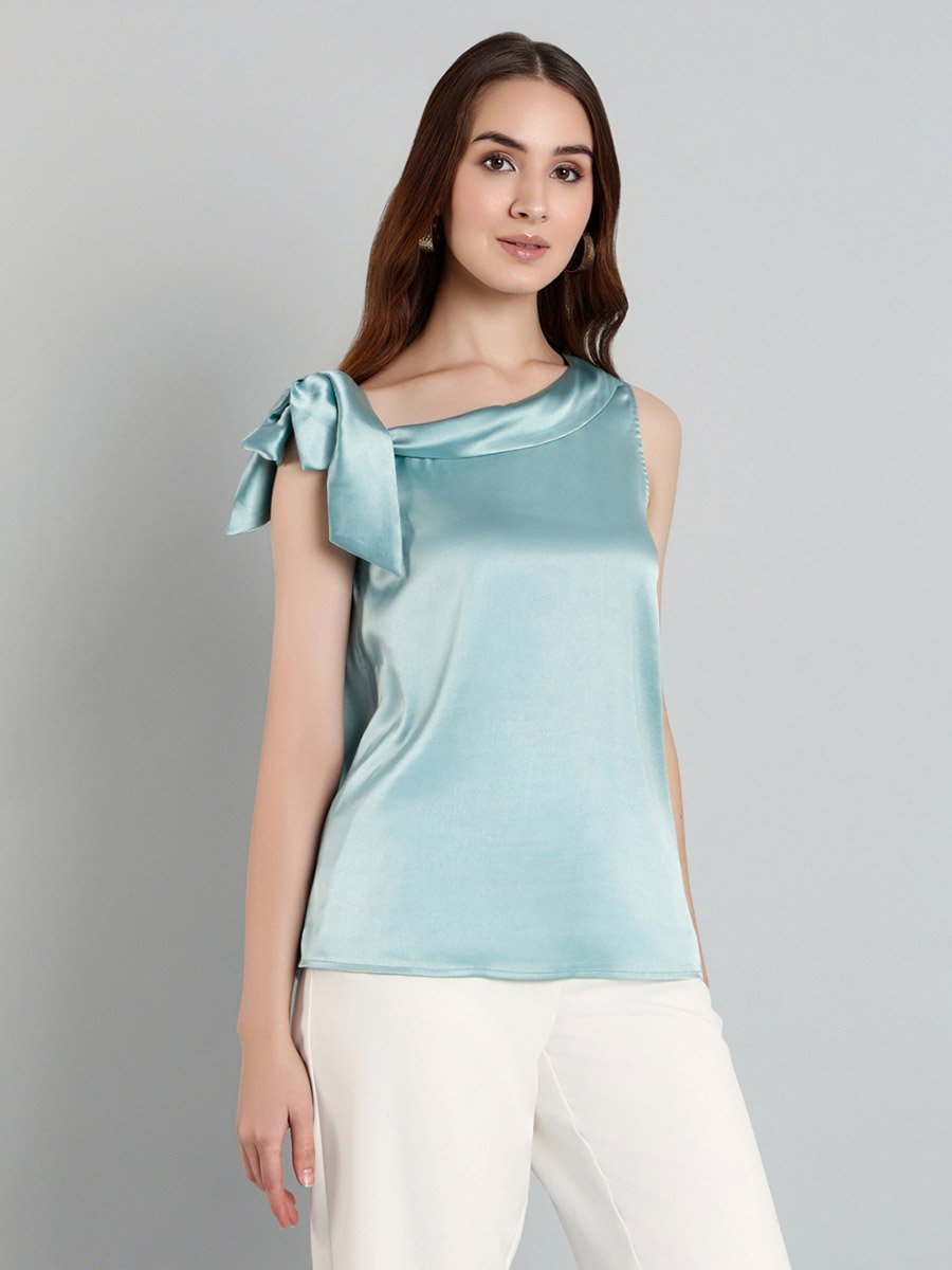 Women Tie-Up Detail Asymmetric Neck Top