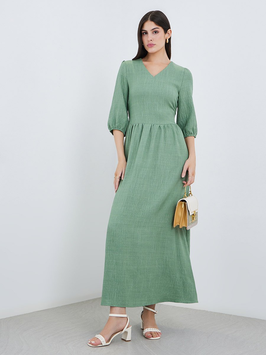 Green Self-Design 3/4 Sleeves Maxi Dress