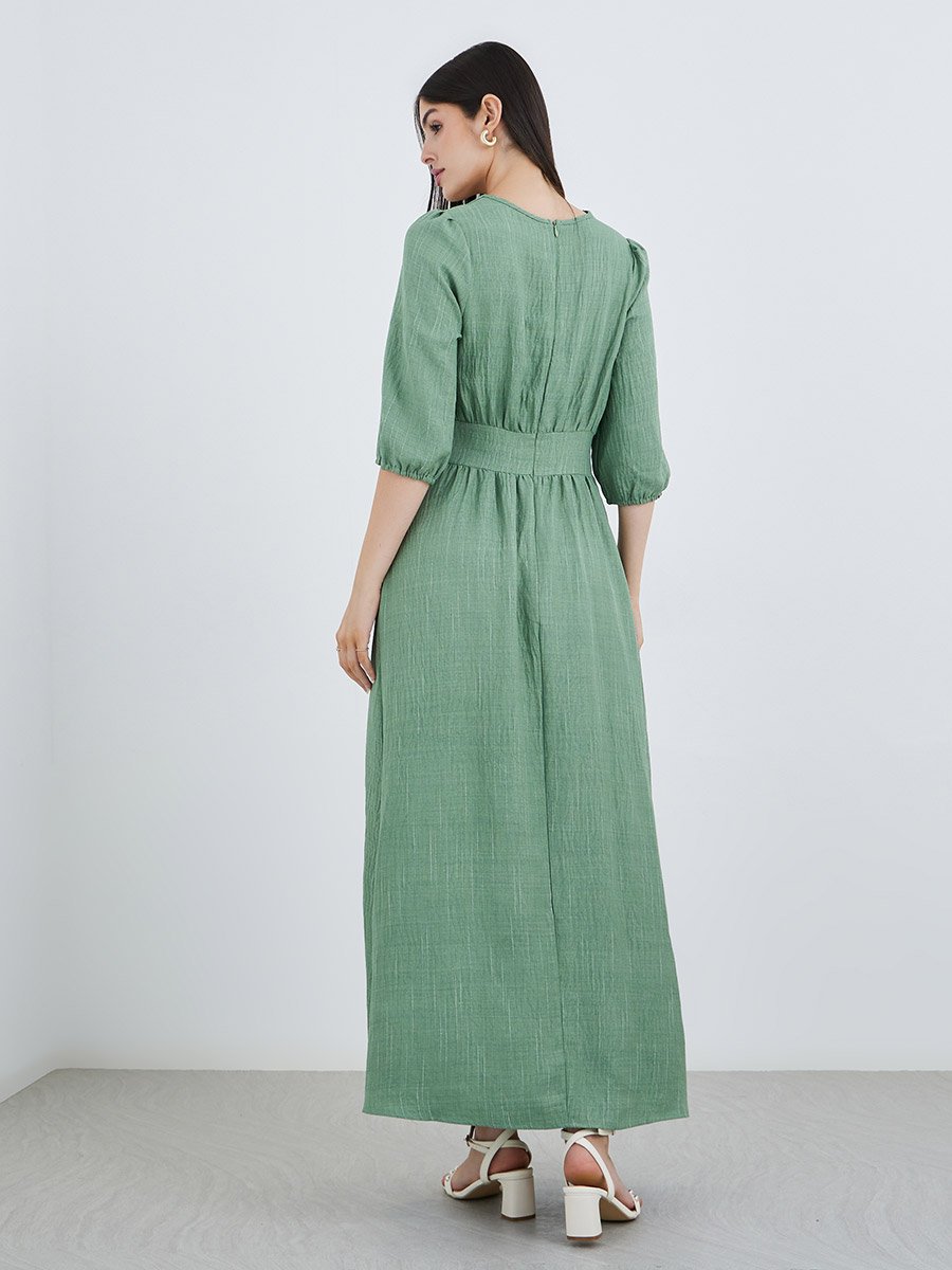 Green Self-Design 3/4 Sleeves Maxi Dress