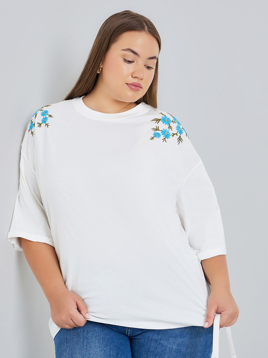 Women Plus Size White Embroidered T-Shirt