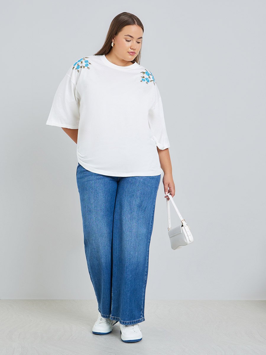 Women Plus Size White Embroidered T-Shirt