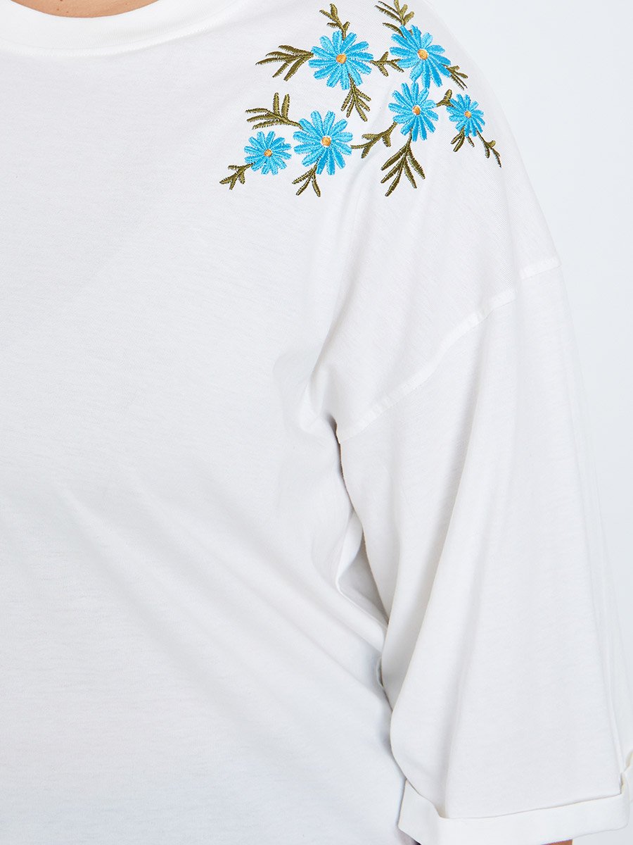 Women Plus Size White Embroidered T-Shirt