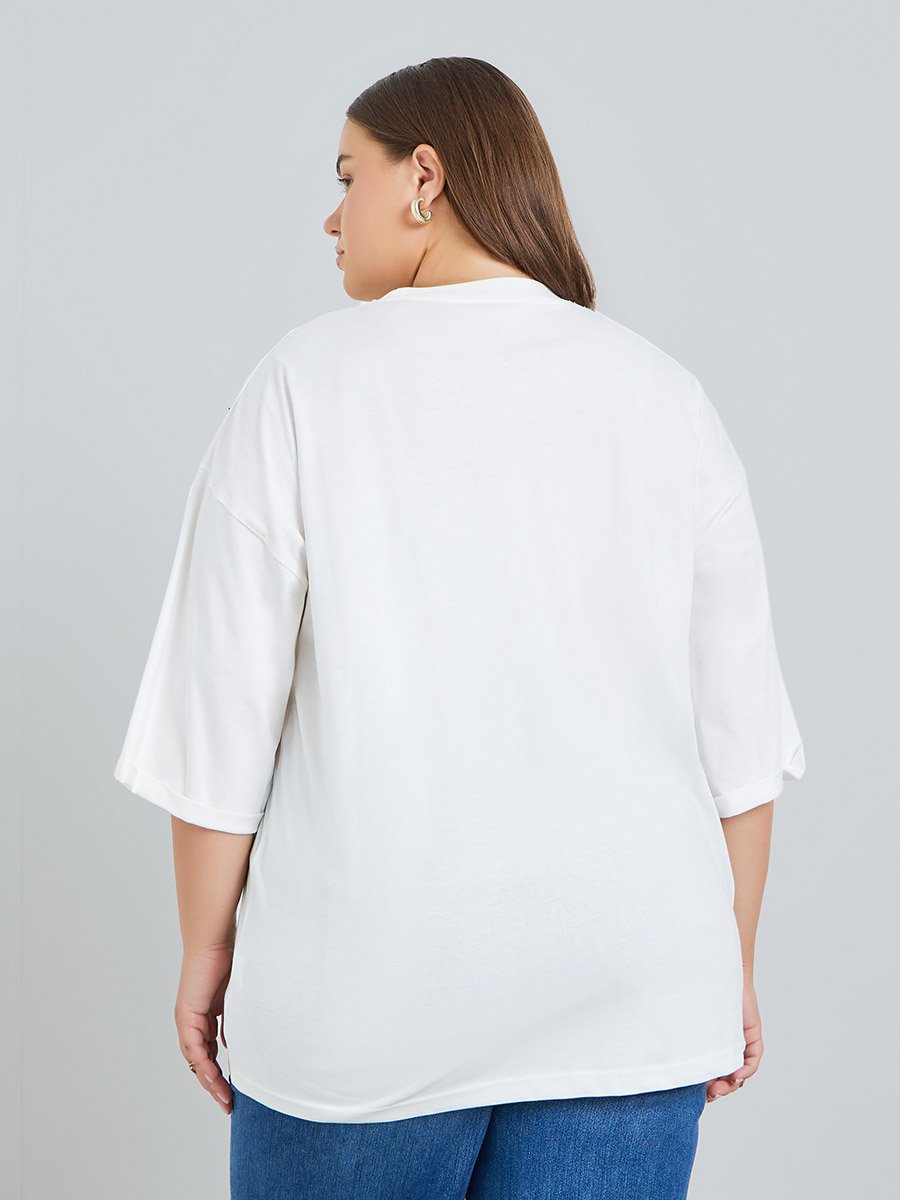 Women Plus Size White Embroidered T-Shirt