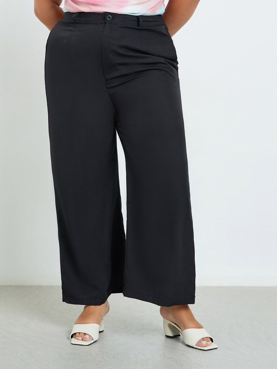 Women Plus Size Black Wide Leg Trousers