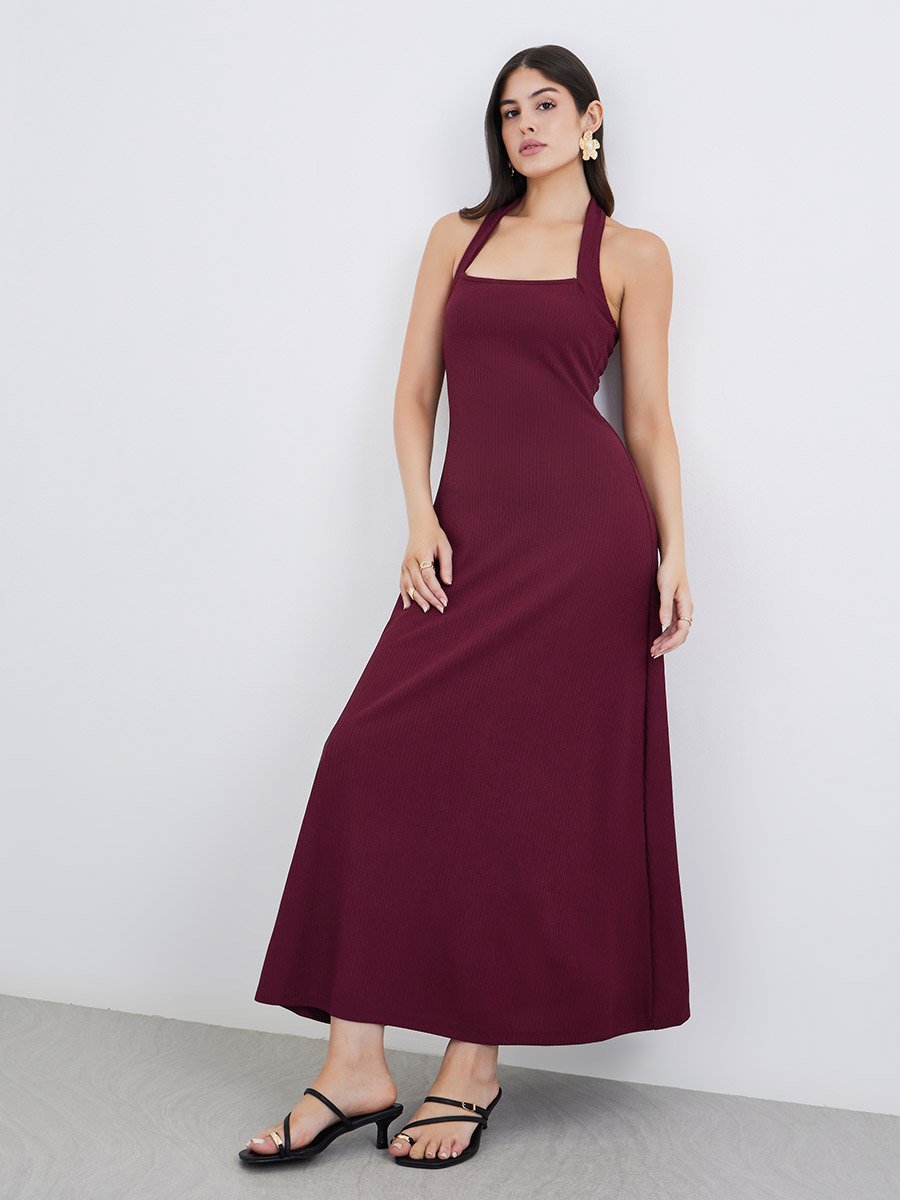 Plain Knit Halter Neck Maxi Dress For Women at Kuwait | Styli