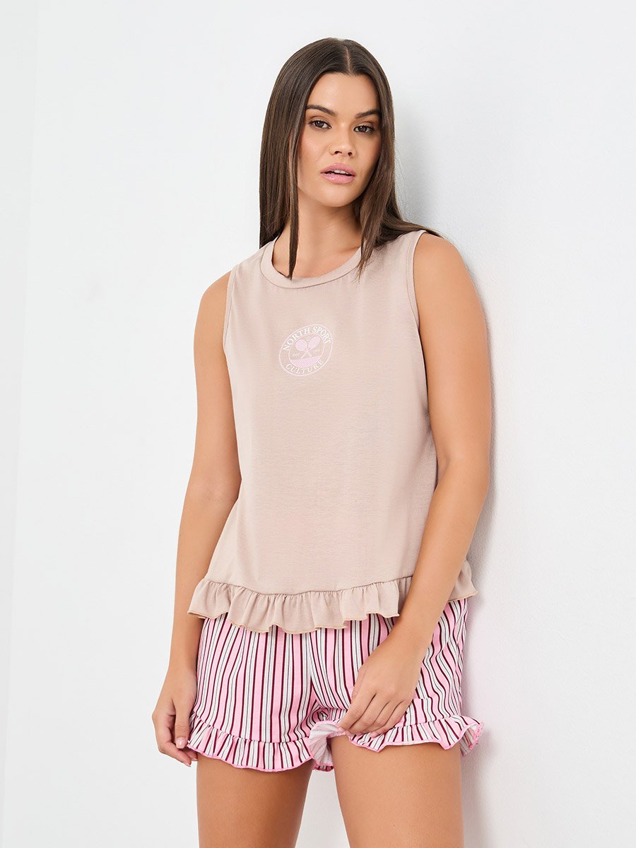 Ruffle Hem Graphic Tank and Striped Shorts Set