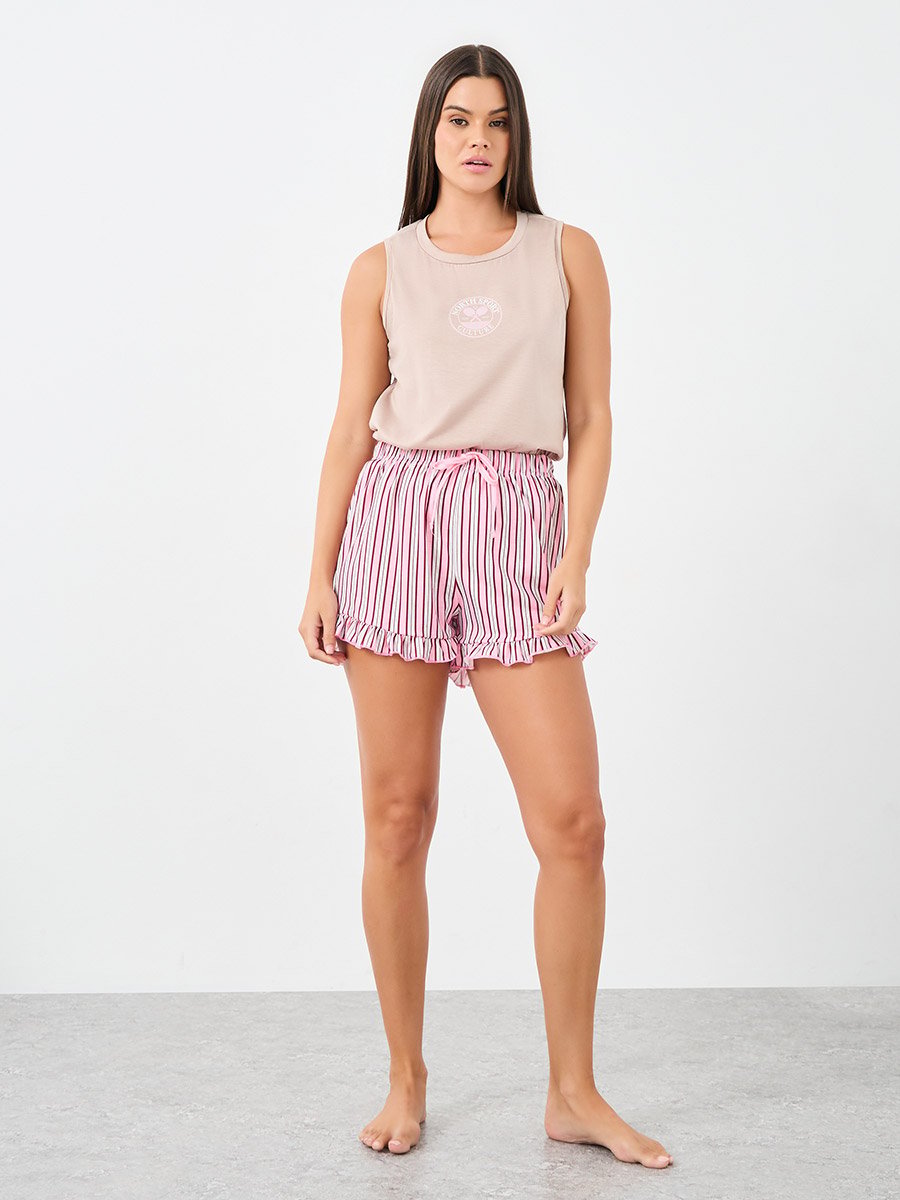 Ruffle Hem Graphic Tank and Striped Shorts Set