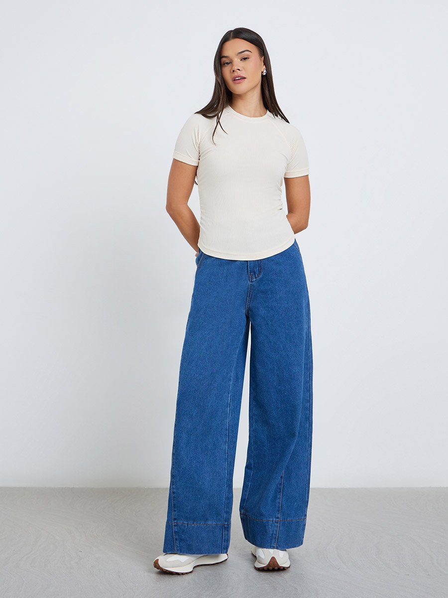 Women Cream Ribbed Fitted T-Shirt