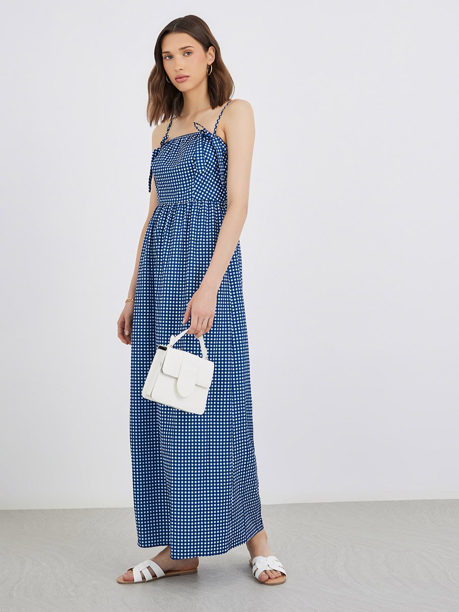 Plaid Sleeveless A-Line Maxi Dress with Square Neck