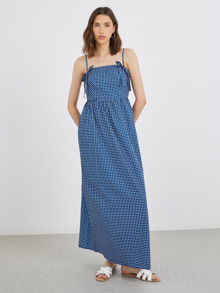 Plaid Sleeveless A-Line Maxi Dress with Square Neck