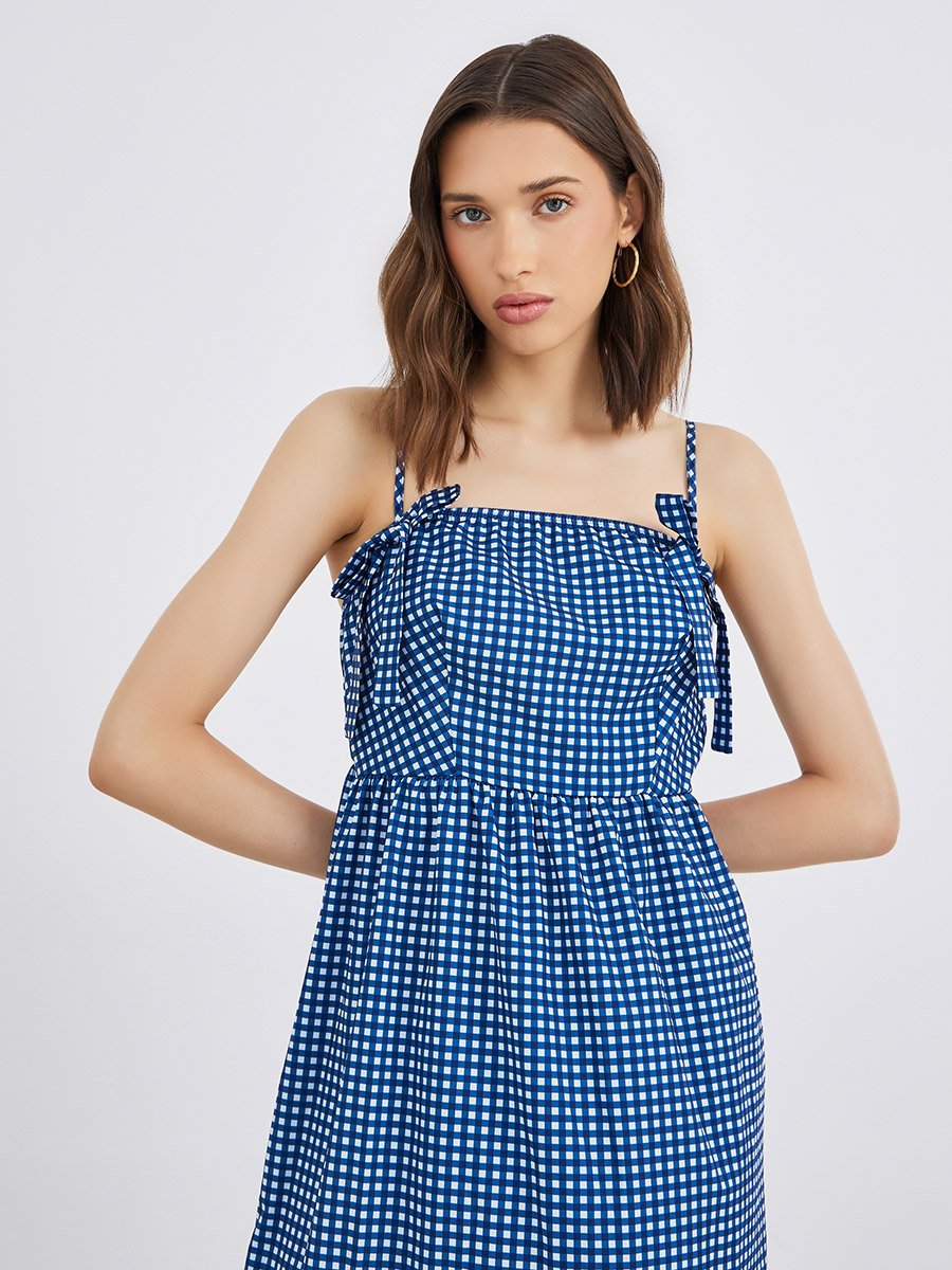 Plaid Sleeveless A-Line Maxi Dress with Square Neck