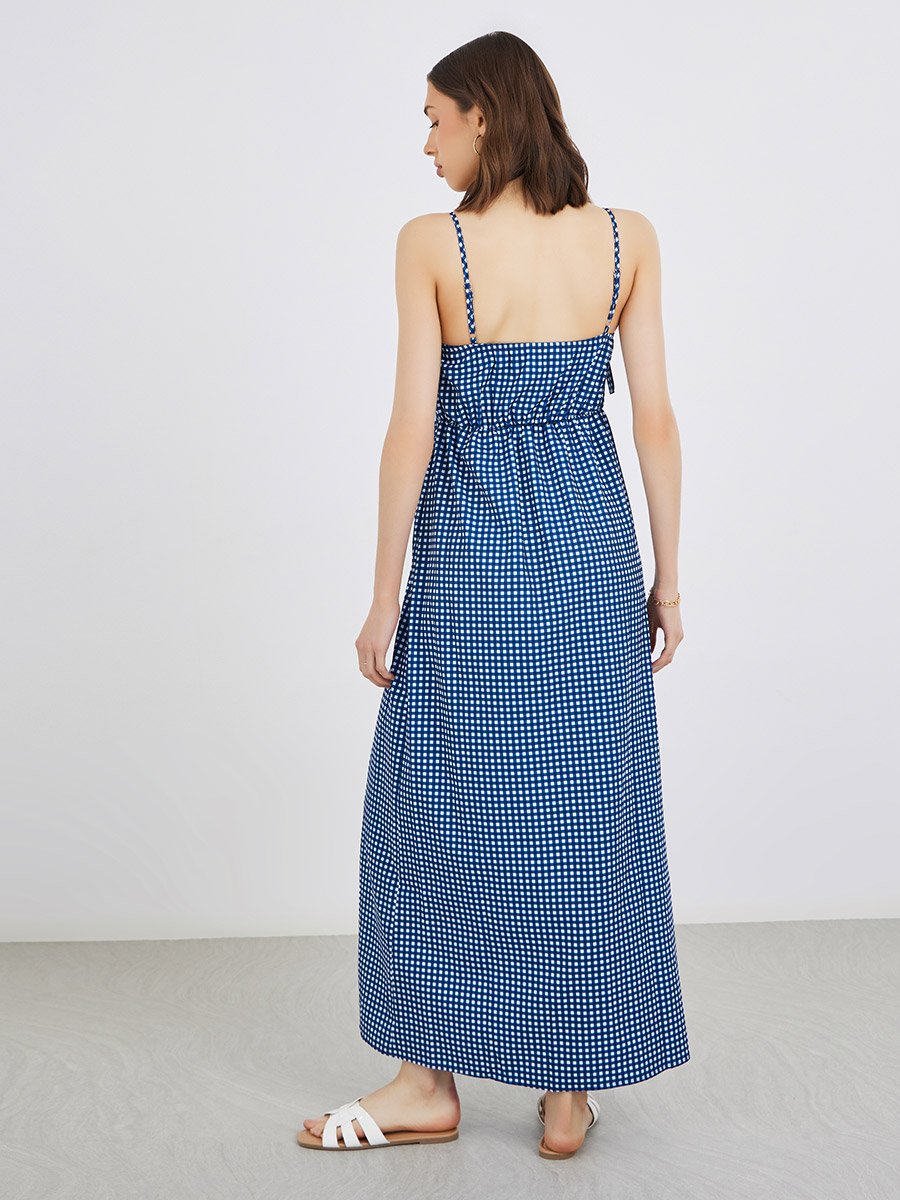 Plaid Sleeveless A-Line Maxi Dress with Square Neck