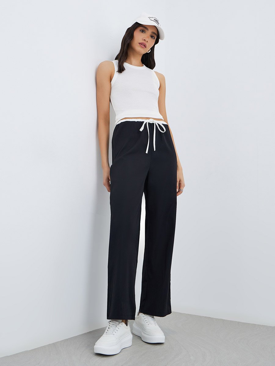 Solid Double Layer Drawstring Waist Wide Leg Pants
