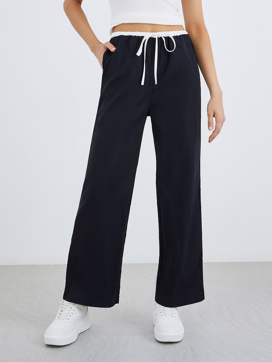 Solid Double Layer Drawstring Waist Wide Leg Pants