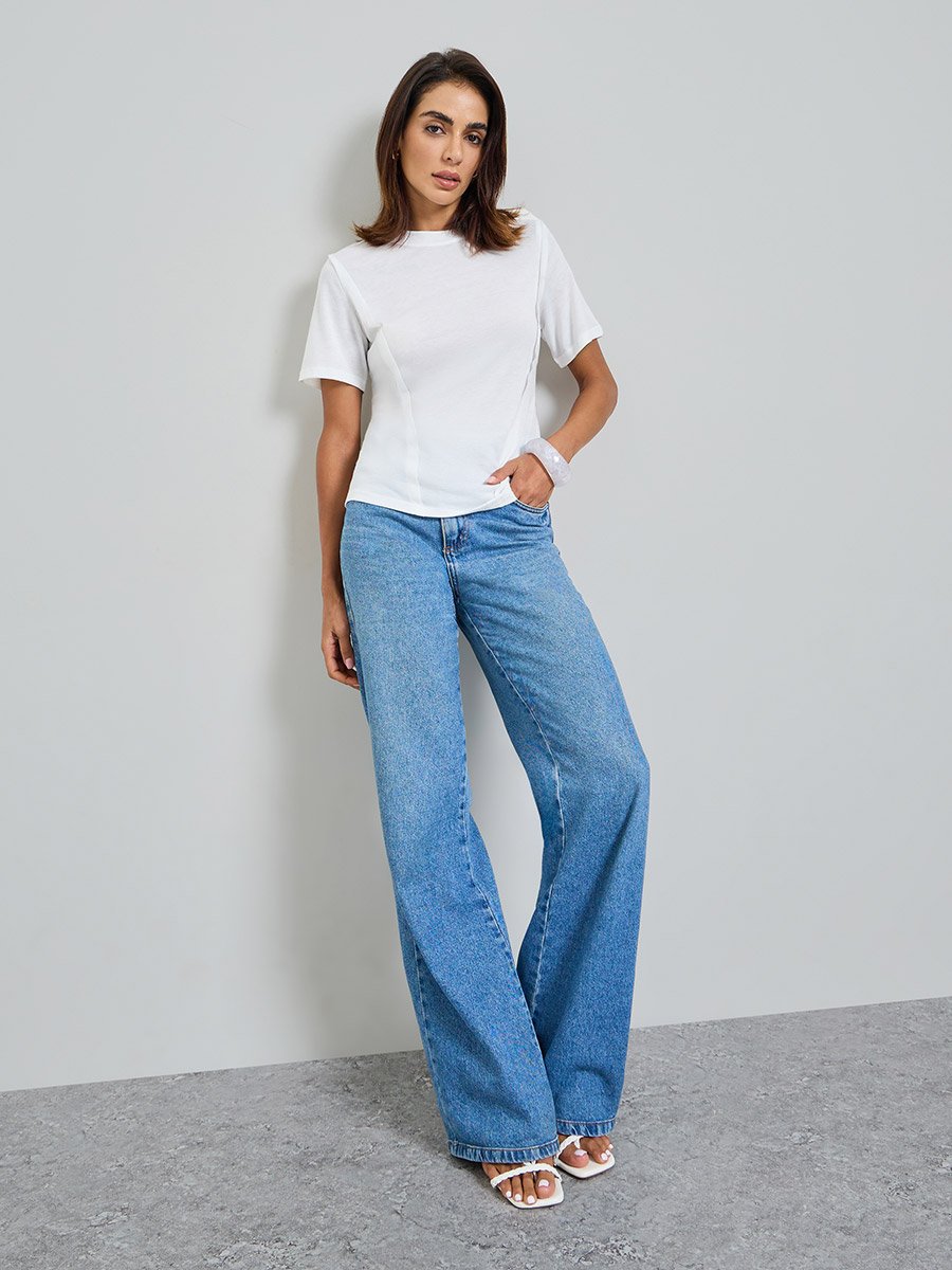 White Round Neck Cut and Sew Panel T-Shirt
