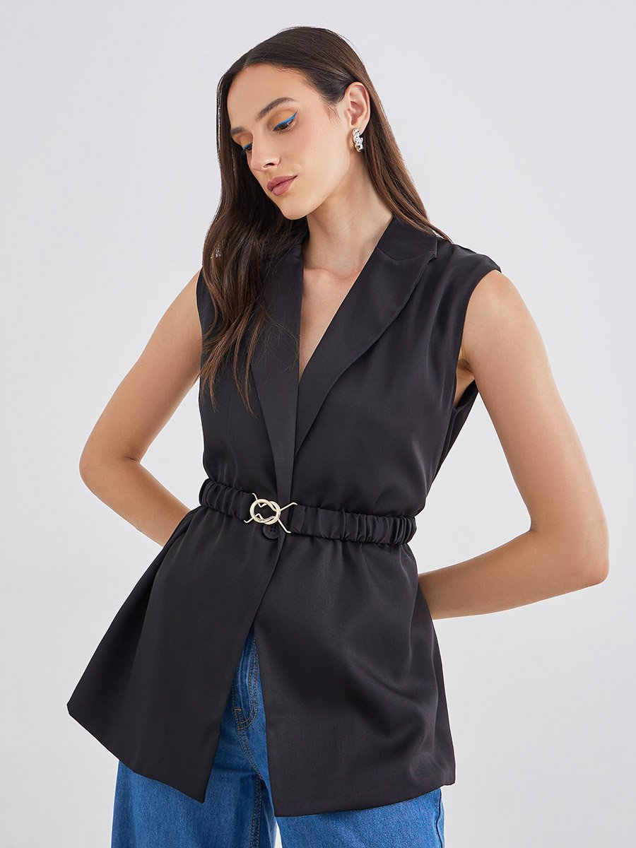 Women Black Regular Fit Longline Sleeveless Belted Blazer