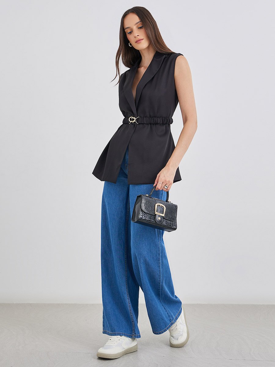 Women Black Regular Fit Longline Sleeveless Belted Blazer
