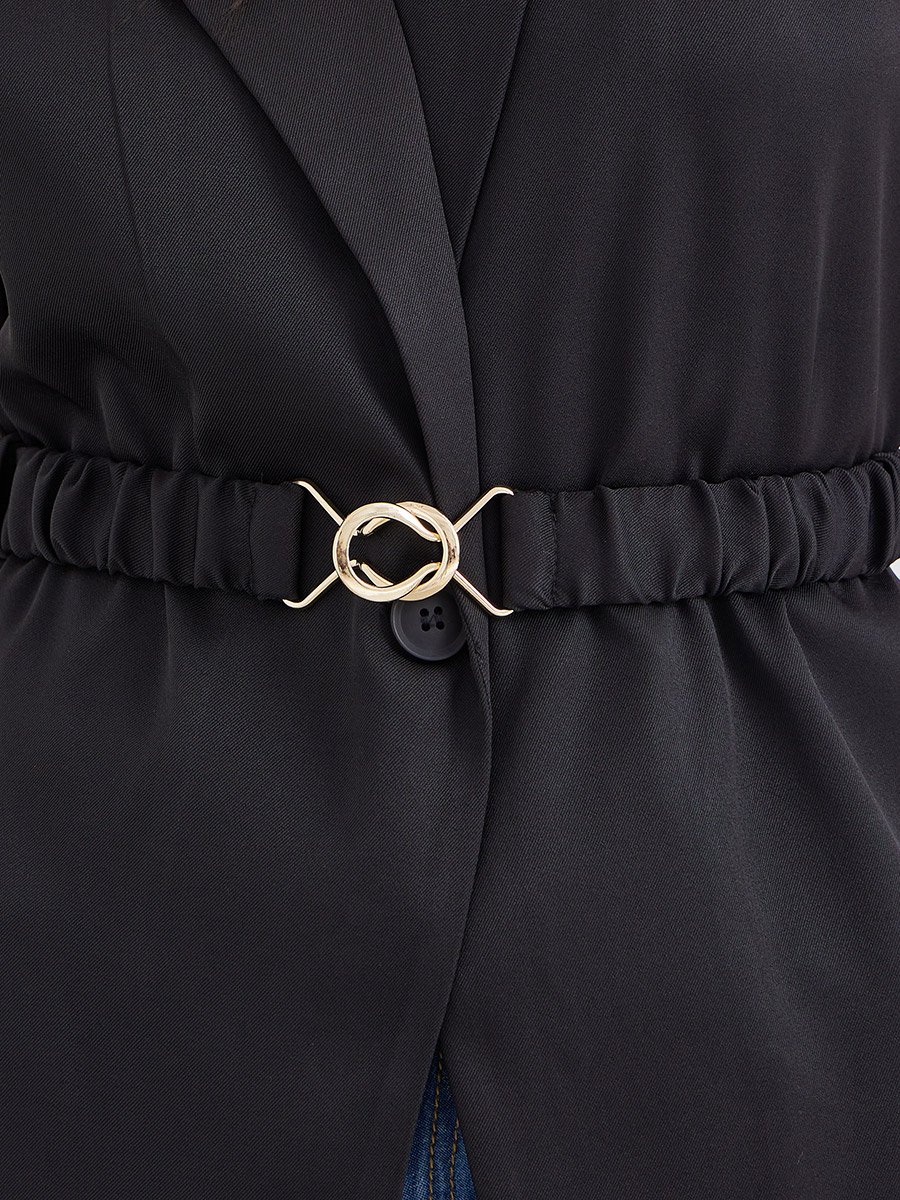 Women Black Regular Fit Longline Sleeveless Belted Blazer