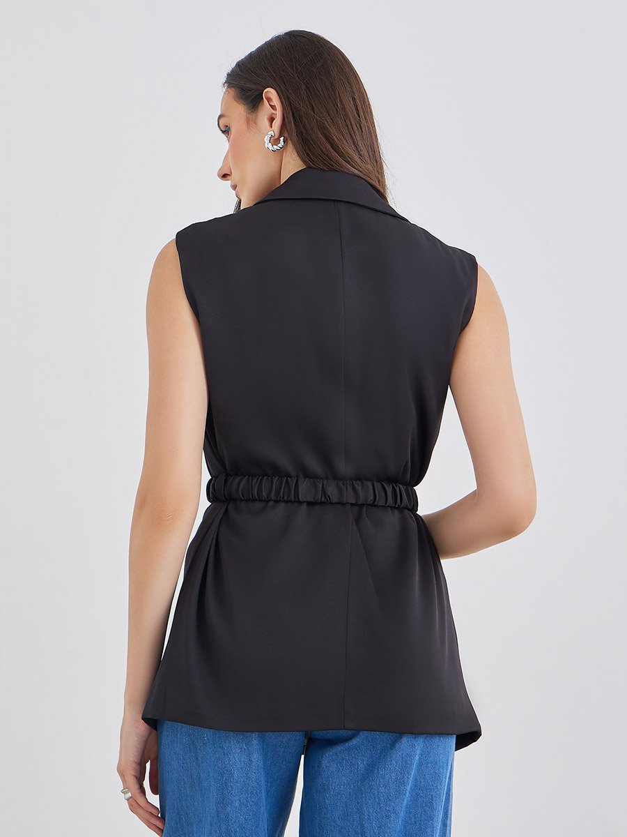 Women Black Regular Fit Longline Sleeveless Belted Blazer