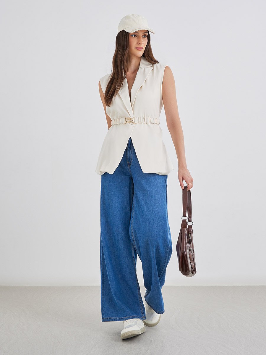 Women Off White Regular Fit Longline Sleeveless Belted Blazer