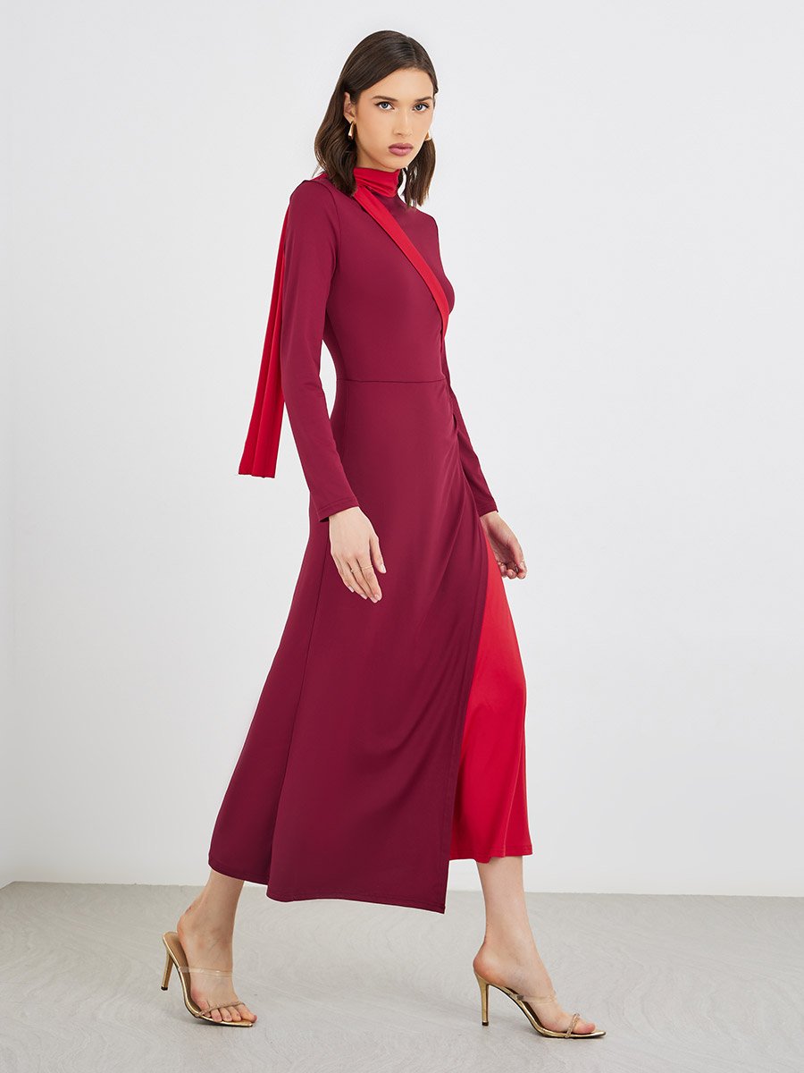 Color Block Long Sleeve A-Line Midi Dress