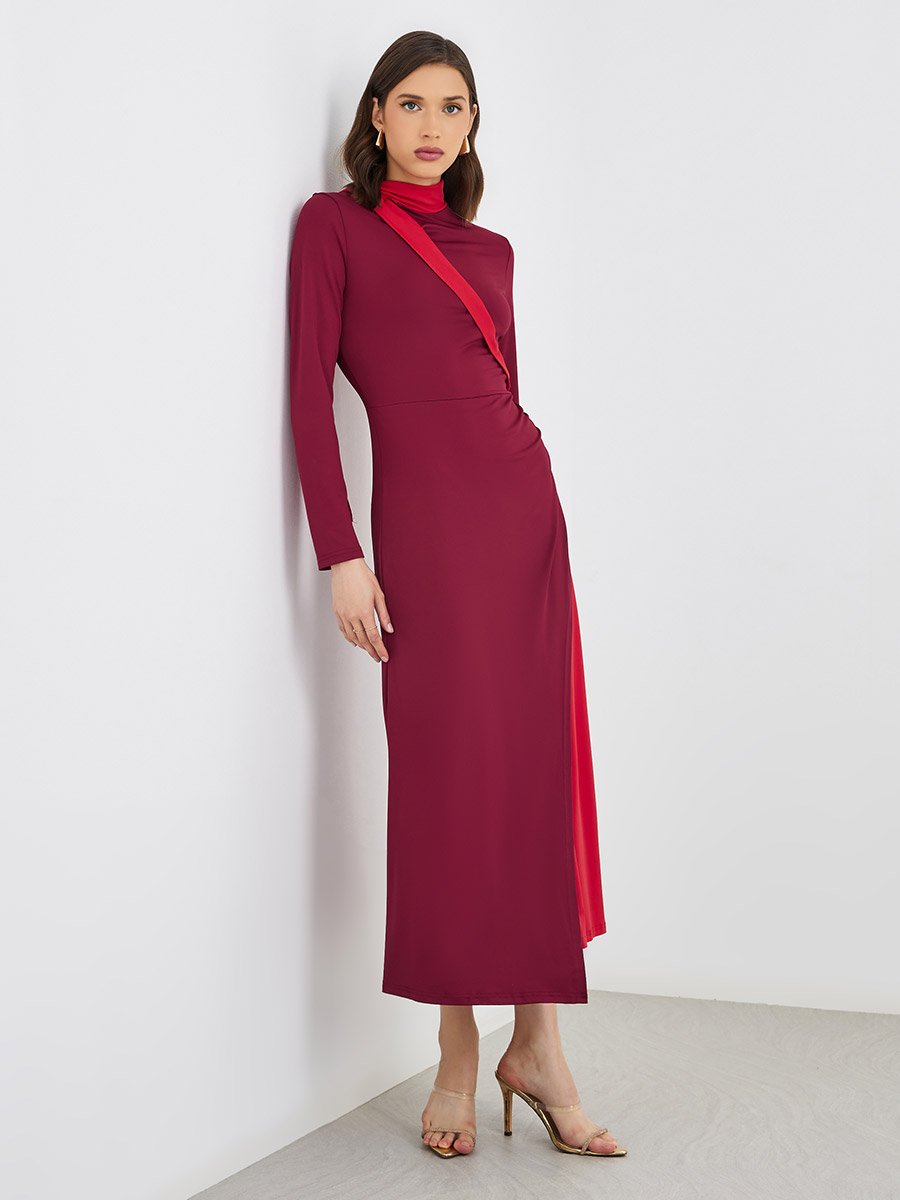 Color Block Long Sleeve A-Line Midi Dress