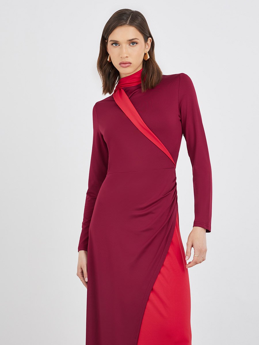 Color Block Long Sleeve A-Line Midi Dress