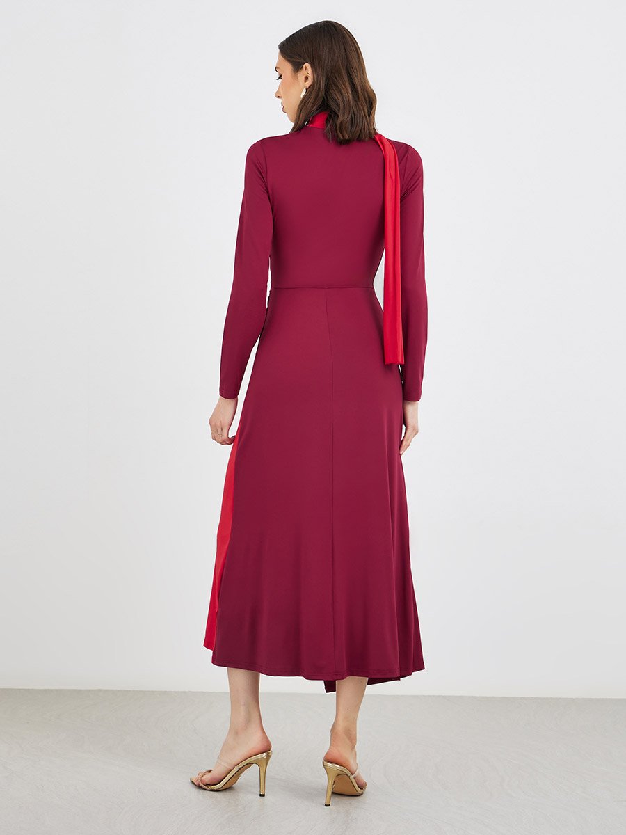Color Block Long Sleeve A-Line Midi Dress