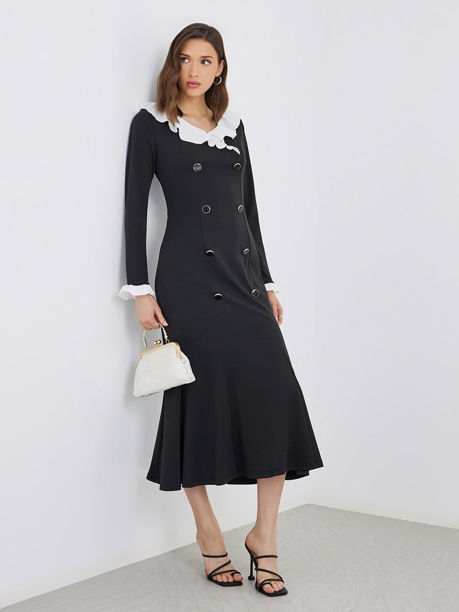 Solid Ruffle Trim Blazer Midi Dress with Button Detail