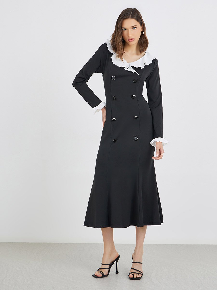 Solid Ruffle Trim Blazer Midi Dress with Button Detail