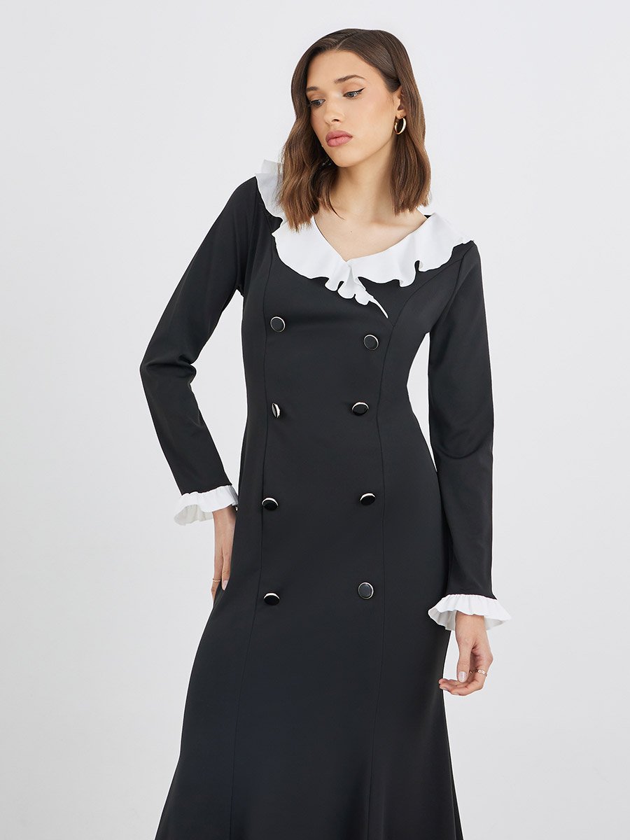 Solid Ruffle Trim Blazer Midi Dress with Button Detail
