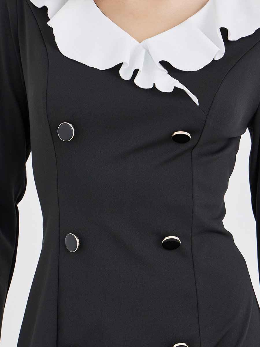 Solid Ruffle Trim Blazer Midi Dress with Button Detail