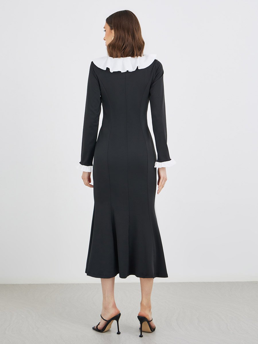 Solid Ruffle Trim Blazer Midi Dress with Button Detail