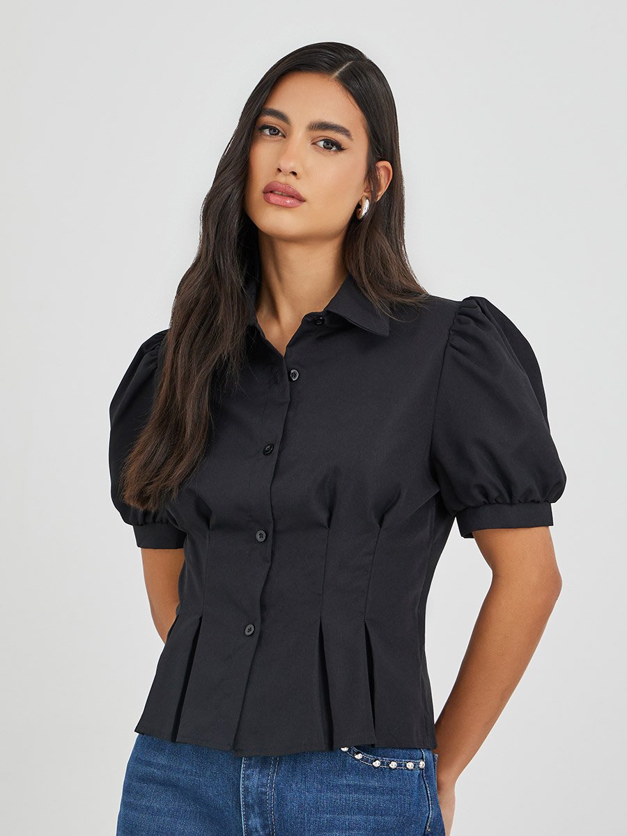 Solid Puff Sleeve Pleated Detail Shirt