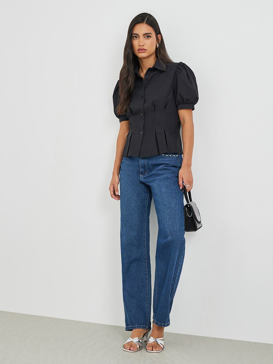 Solid Puff Sleeve Pleated Detail Shirt