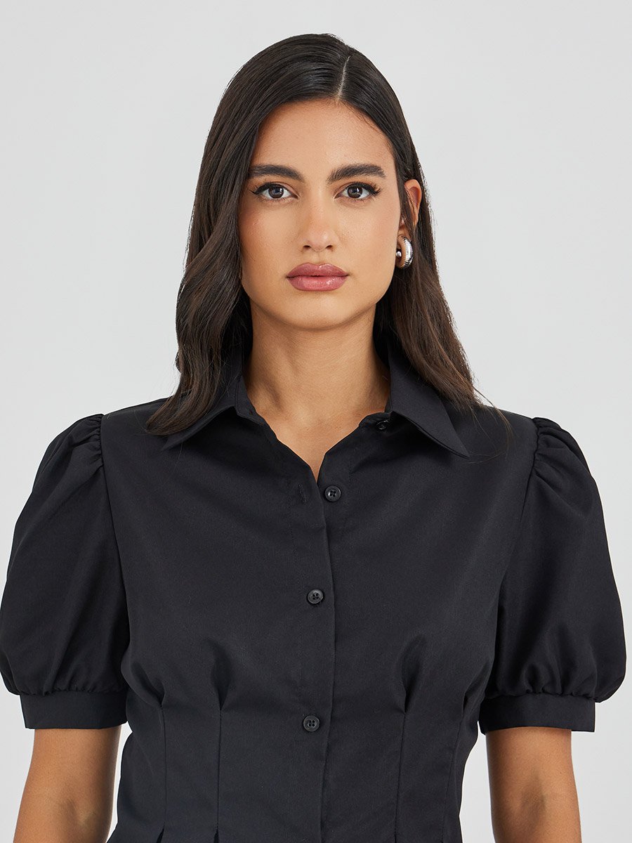 Solid Puff Sleeve Pleated Detail Shirt