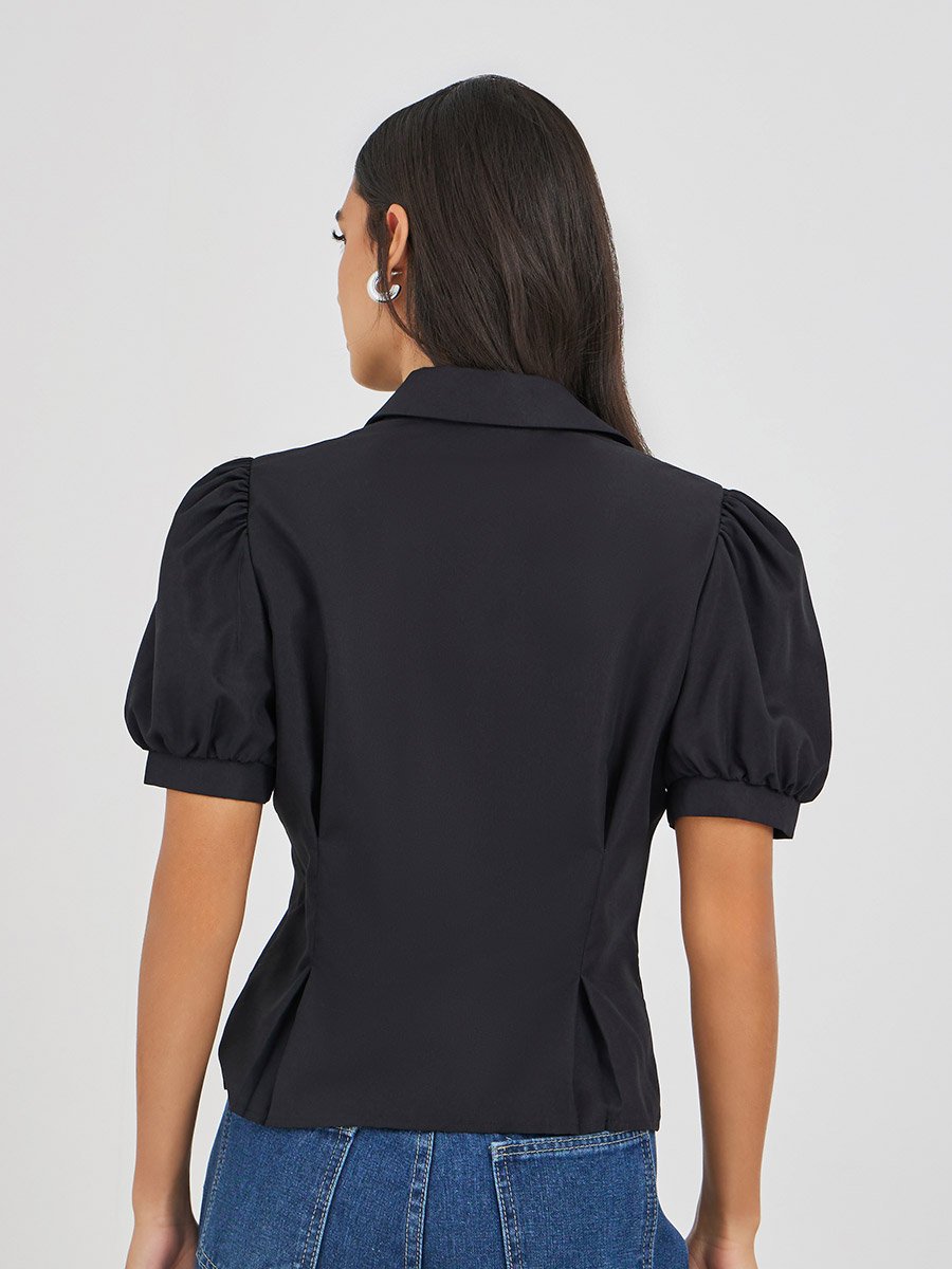 Solid Puff Sleeve Pleated Detail Shirt