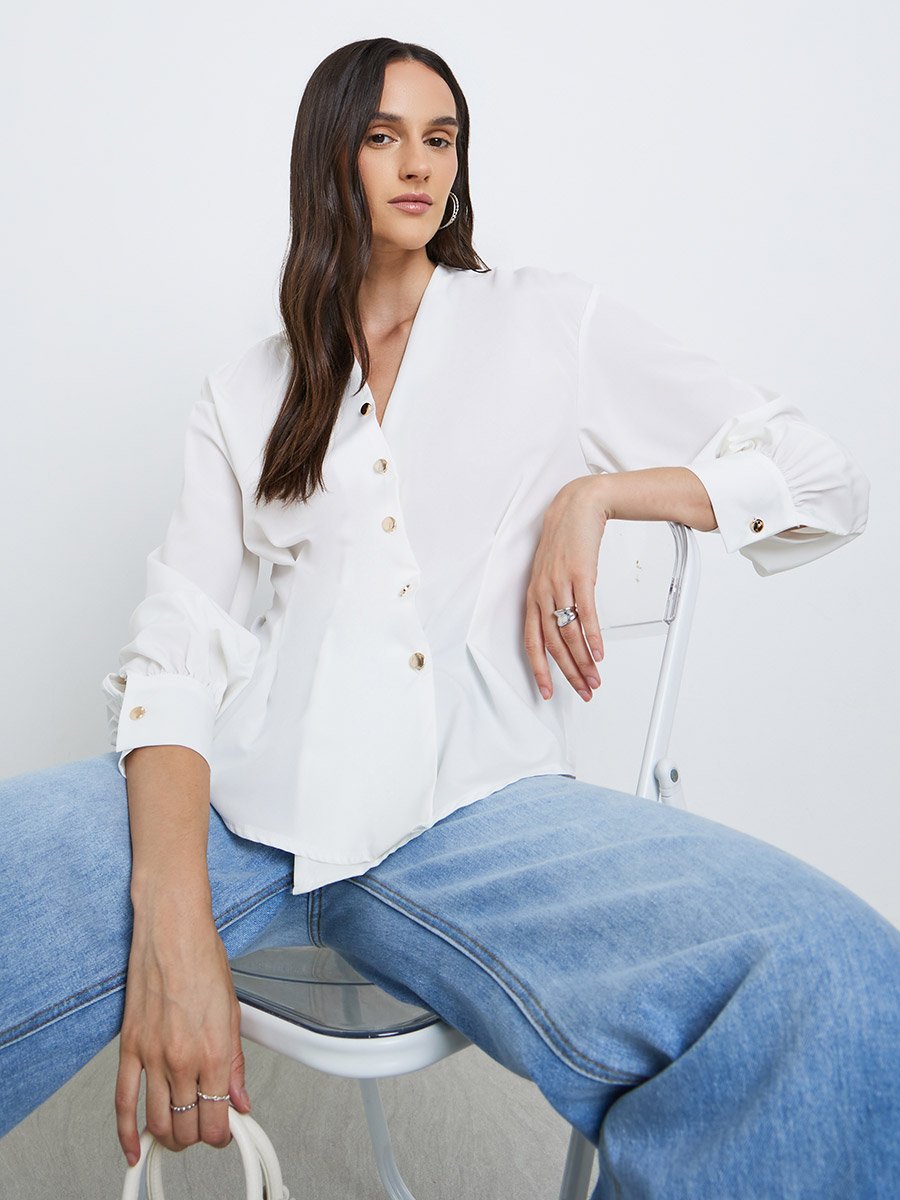 Women White Asymmetrical V Neck Button-Up Shirt