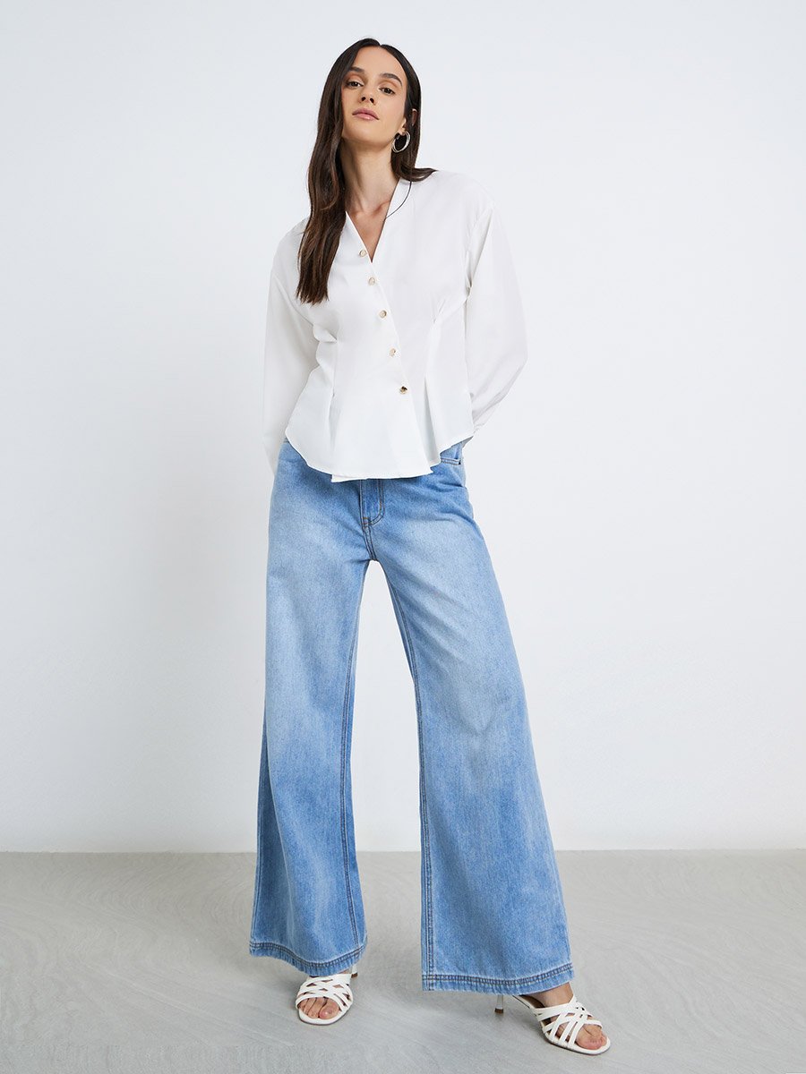 Women White Asymmetrical V Neck Button-Up Shirt