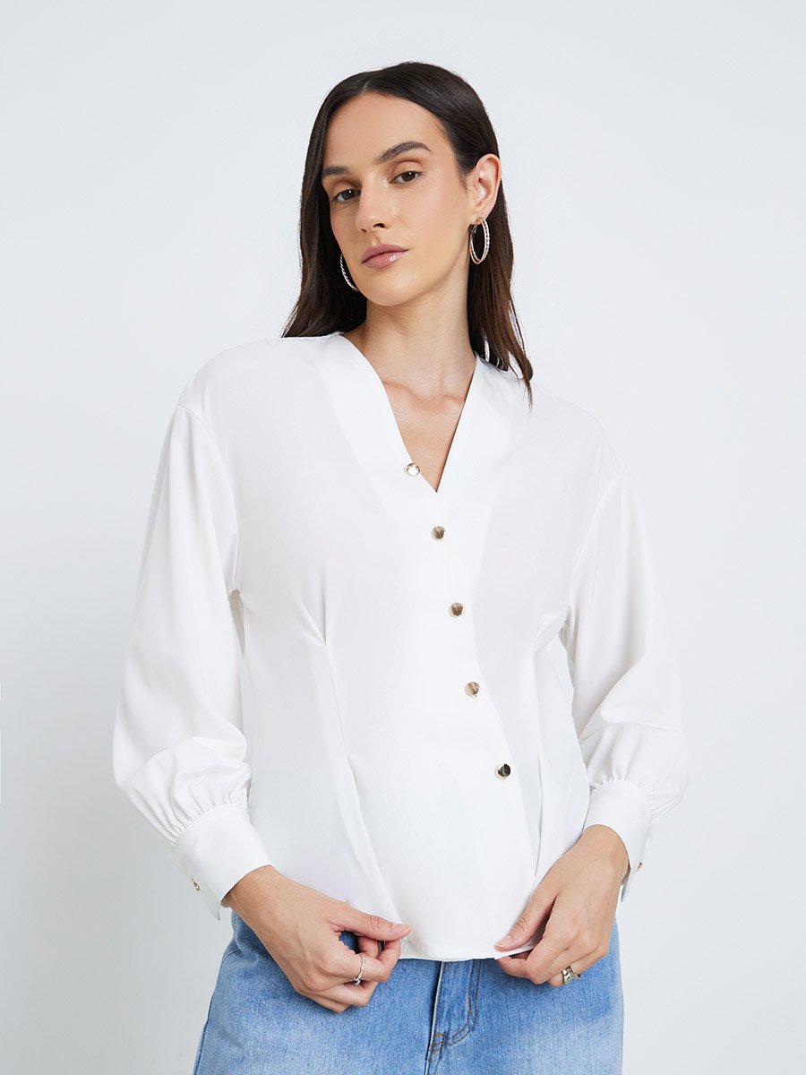 Women White Asymmetrical V Neck Button-Up Shirt