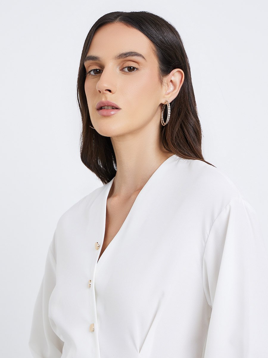Women White Asymmetrical V Neck Button-Up Shirt
