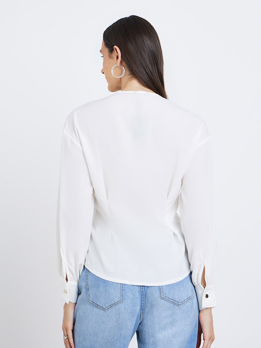 Women White Asymmetrical V Neck Button-Up Shirt