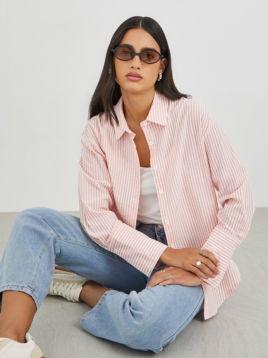 Striped Spread Collar Long Sleeve Shirt