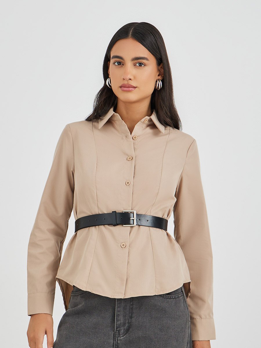 Solid Long Sleeve Buttoned Shirt with Belt