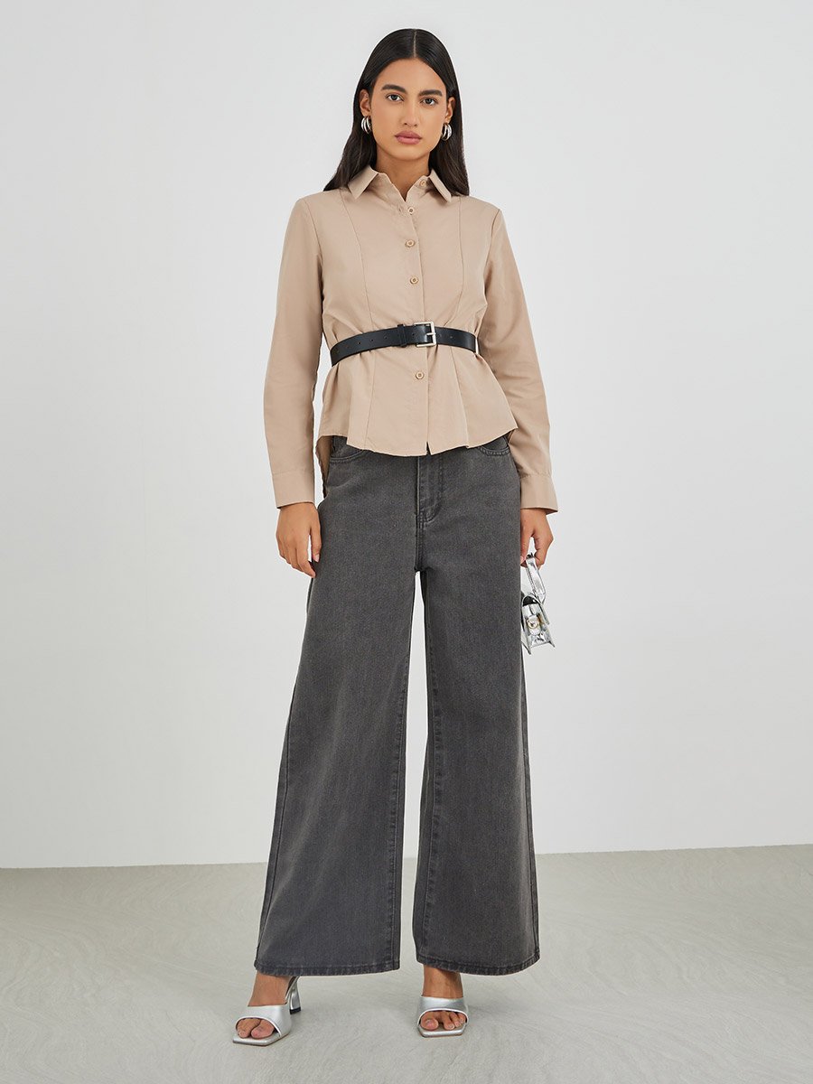 Solid Long Sleeve Buttoned Shirt with Belt